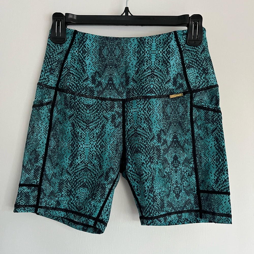 Cleo Harper Spin Shorts: Teal Snake Print